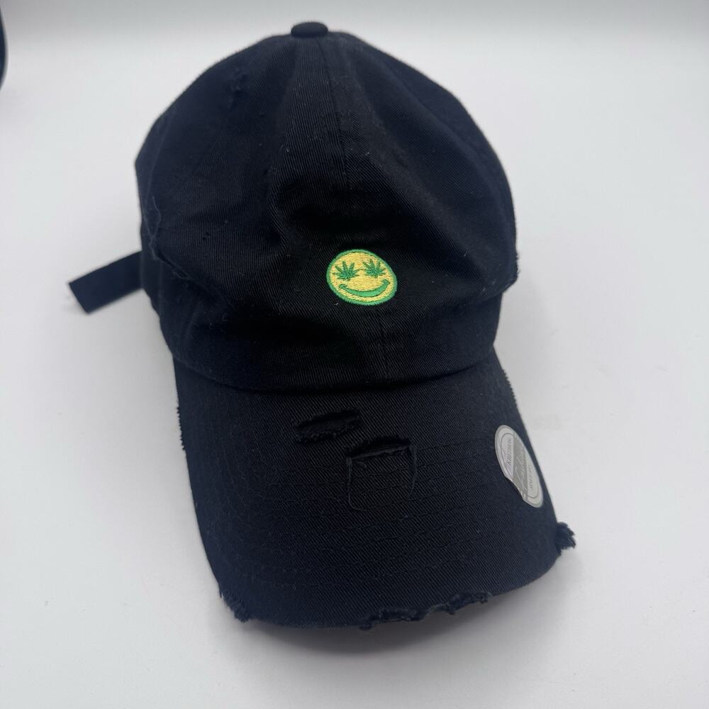 KBETHOS Mari Leaf Smiley Face Dad Hat Black Distressed Adjustable Cap